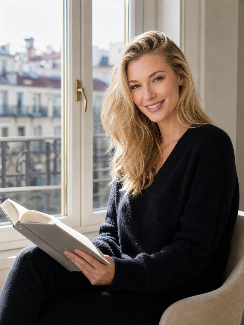 Nicole Junkermann lee un libro junto a una ventana con vistas a la ciudad