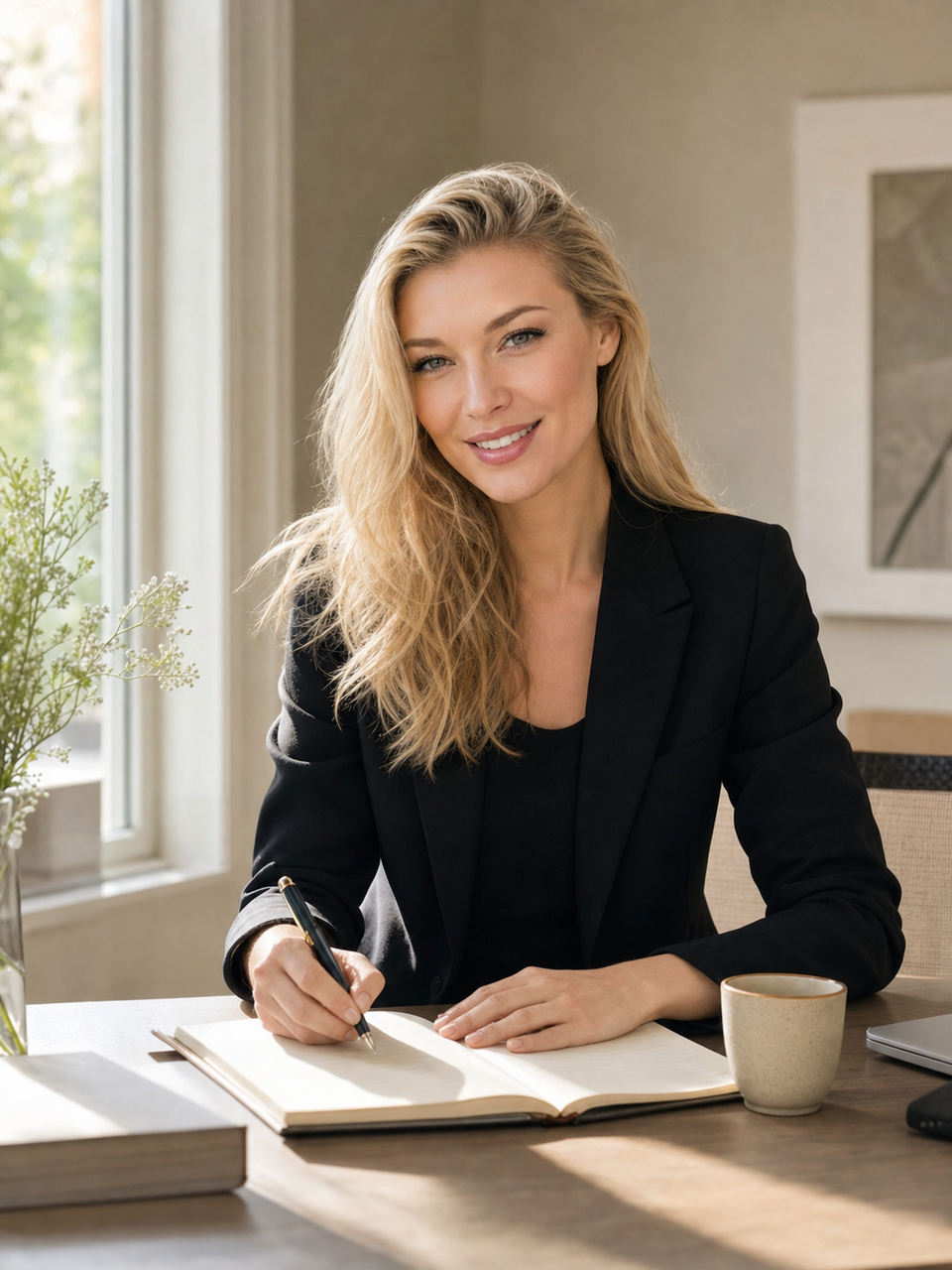 Nicole Junkermann escribe en una mesa de trabajo iluminada