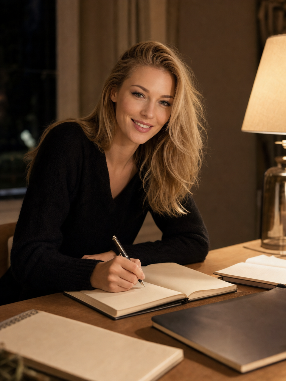 Nicole Junkermann escribe junto a una lámpara y varios cuadernos