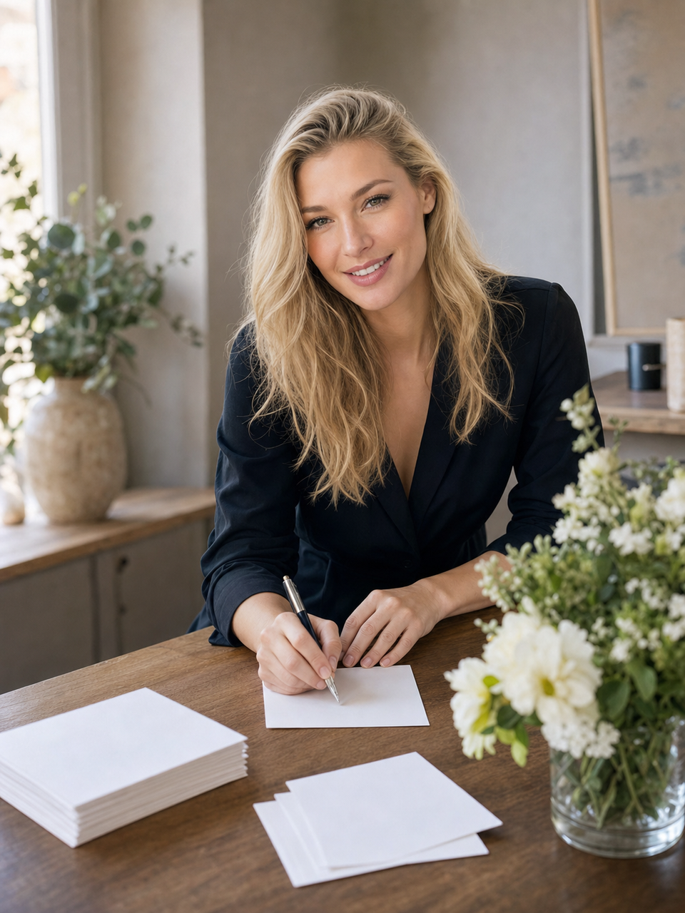 Nicole Junkermann escribe tarjetas junto a un ramo de flores