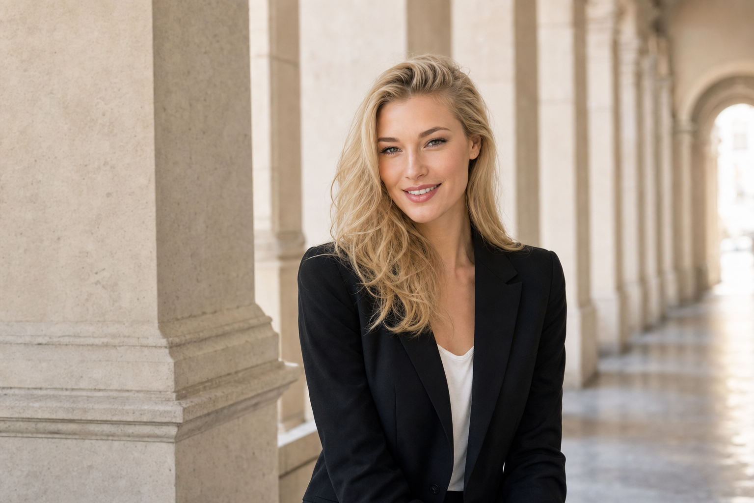 Nicole Junkermann en una galería de columnas de piedra clara